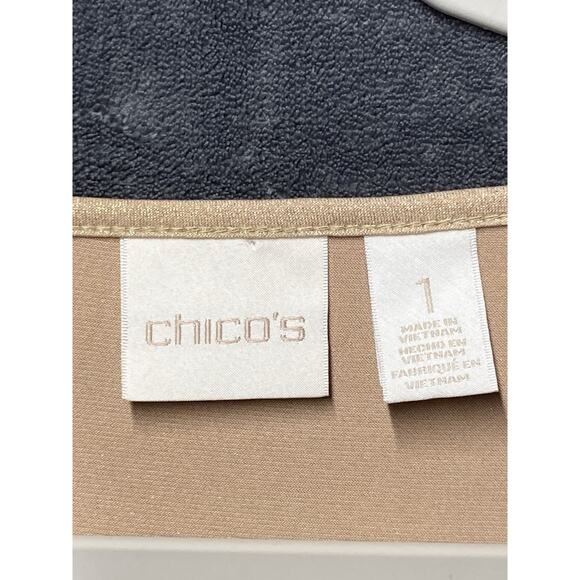 Chicos Blouse Top Women’s Plus Sz 1 Gold Shimmery 3/4 Sleeve Holiday Party - Picture 4 of 7